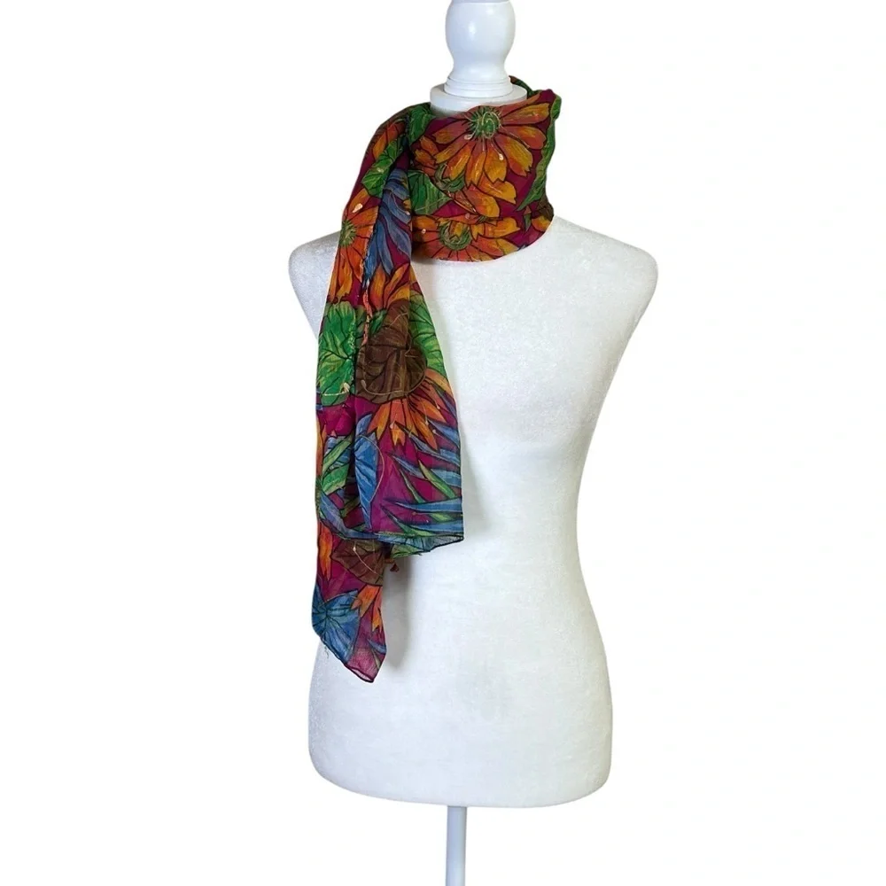 VTG Floral Print Large Rectangle Wrap Scarf 72x42 Semi Sheer Boho Shawl Colorful